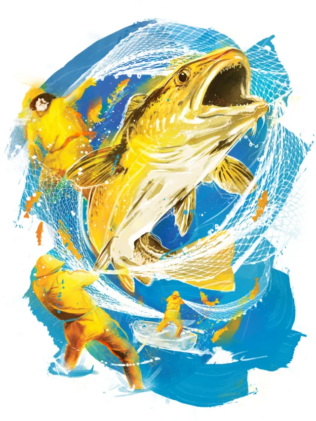 Danny Allison illustration of a golden fish leaping above fishermen