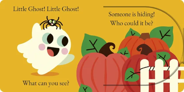 Pintachan illustration of a friendly white ghost, spider, pumpkins, and wrapped gift.