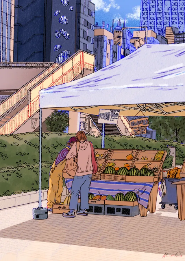 Alxndra Cook illustration of a Tokyo watermelon stand under a canopy