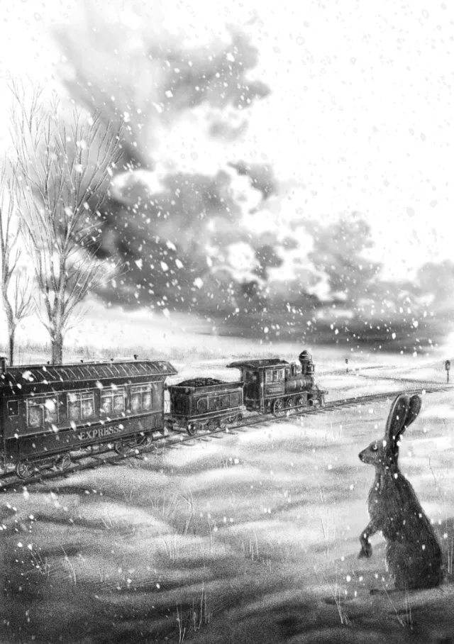 Misha Chernov illustration of a rabbit watching a train in falling snow