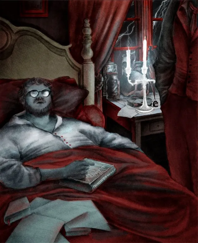 Misha Chernov illustration of Frankenstein resting in bed beside a storm-lit window