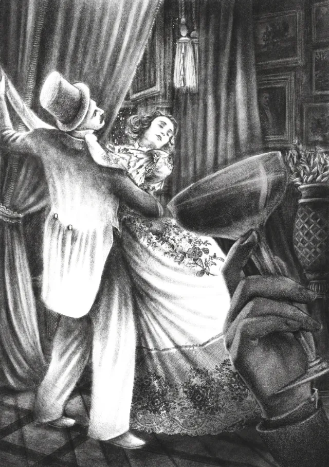 Misha Chernov illustration of a dancing couple in formal dress