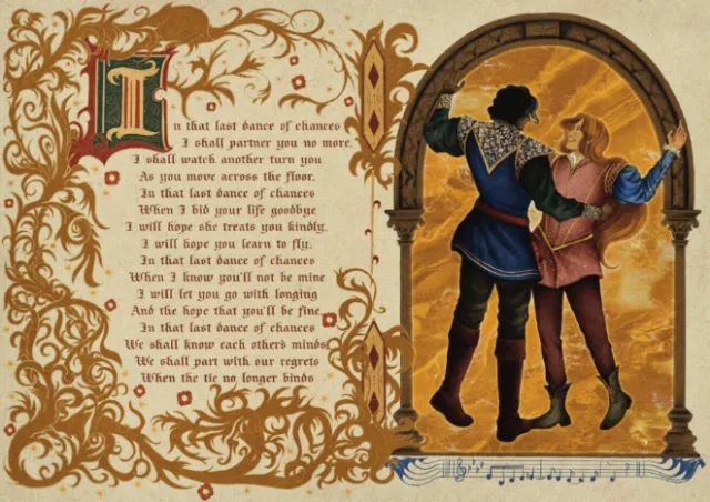Misha Chernov illustration of a medieval couple beside an ornate poem page