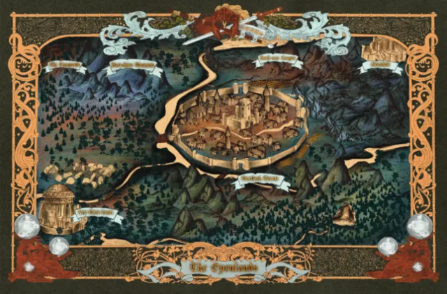 Illustrated fantasy map by Misha Chernov showing forests, mountains, waterways, and a central settle