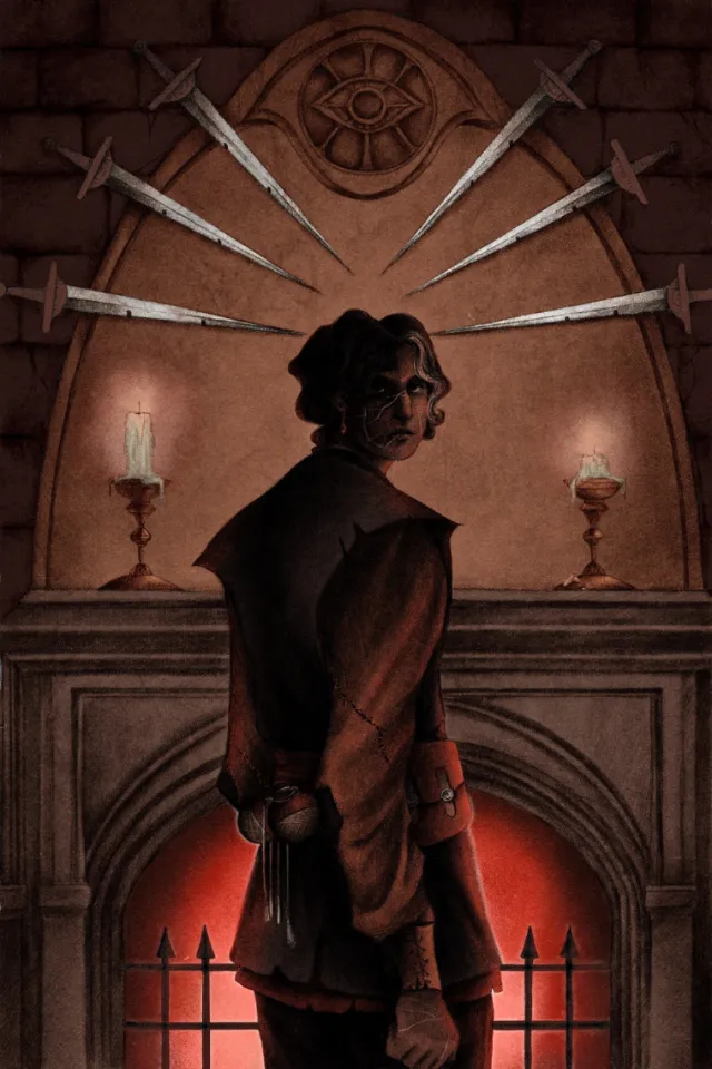 Misha Chernov illustration of a dark figure before a sword display