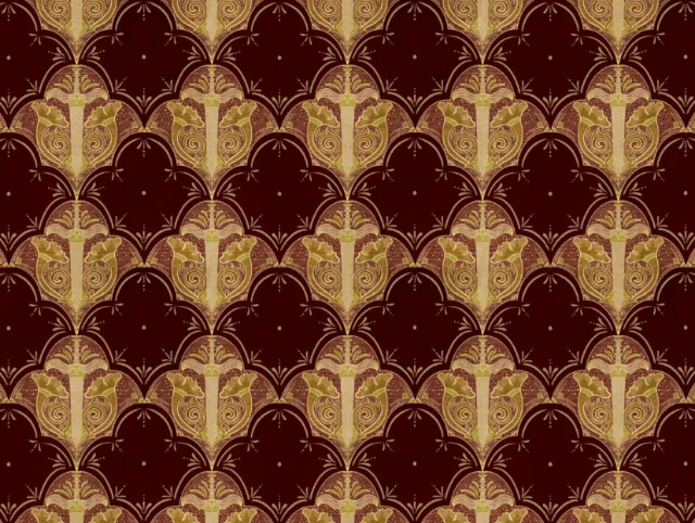 Decorative endpapers by Misha Chernov with repeating burgundy and gold motifs