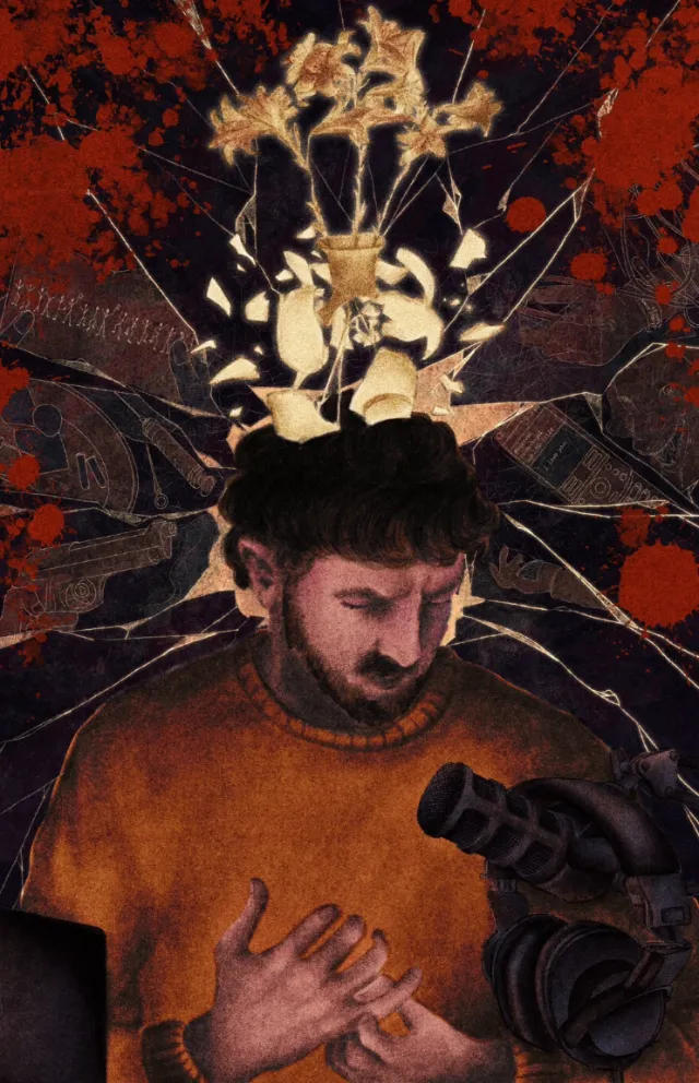 Misha Chernov illustration of a bearded man with headphones and flowers