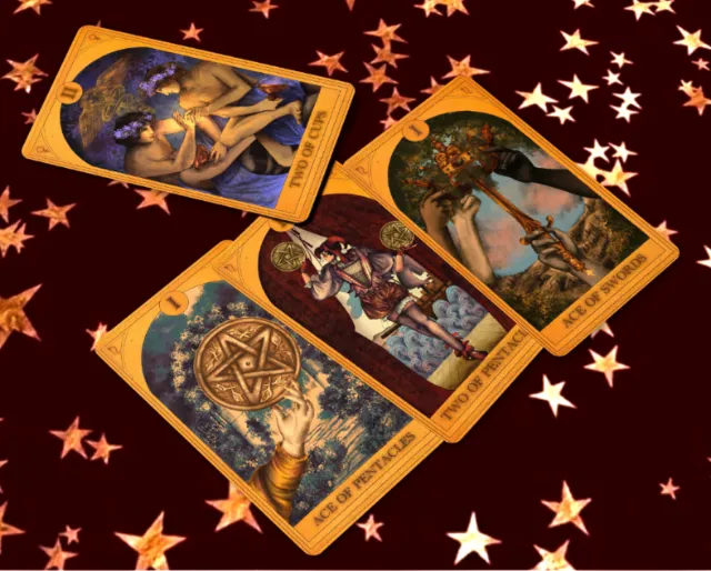 Three tarot cards illustrated by Misha Chernov on a starry background