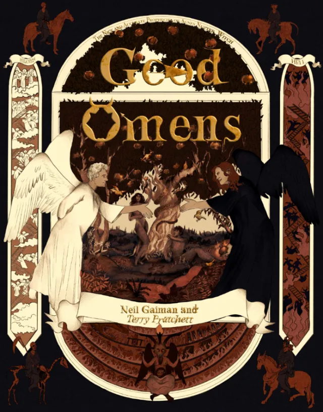 Misha Chernov's illustrated Good Omens book cover with ornate gothic artwork