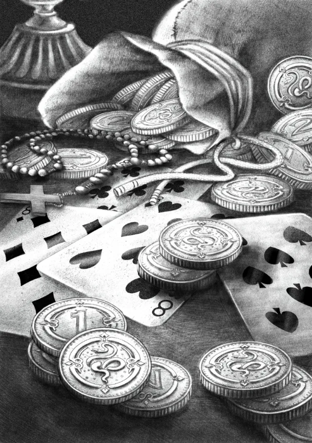 Black-and-white Zmiyevi Svyatky illustration by Misha Chernov with cards and coins