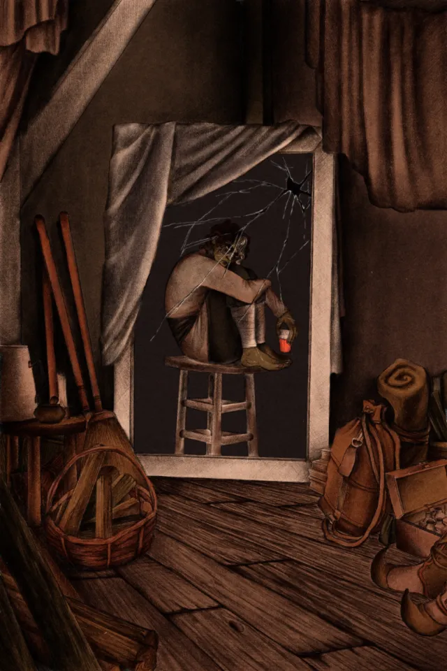 Misha Chernov illustration of a cloaked figure in a rustic room