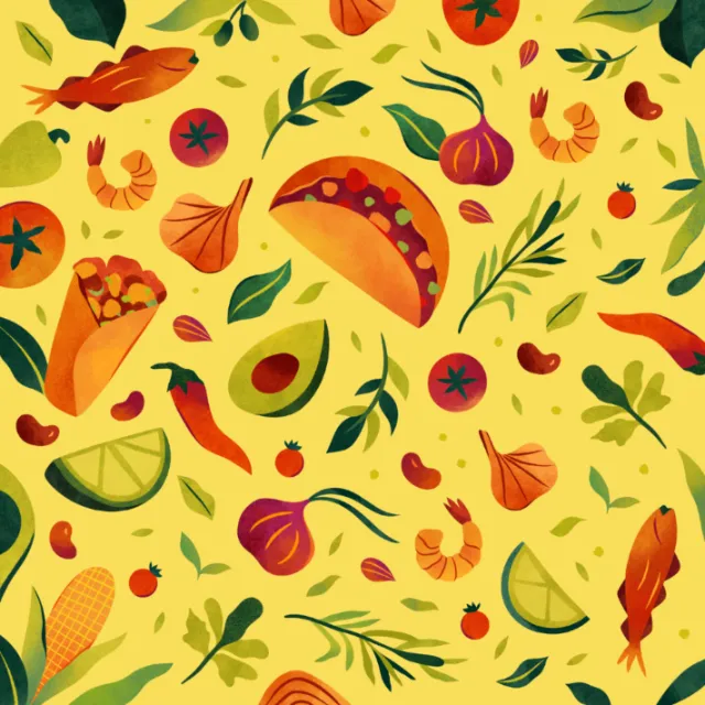 Colorful tropical fruit and botanical pattern by Barbara Tamilin