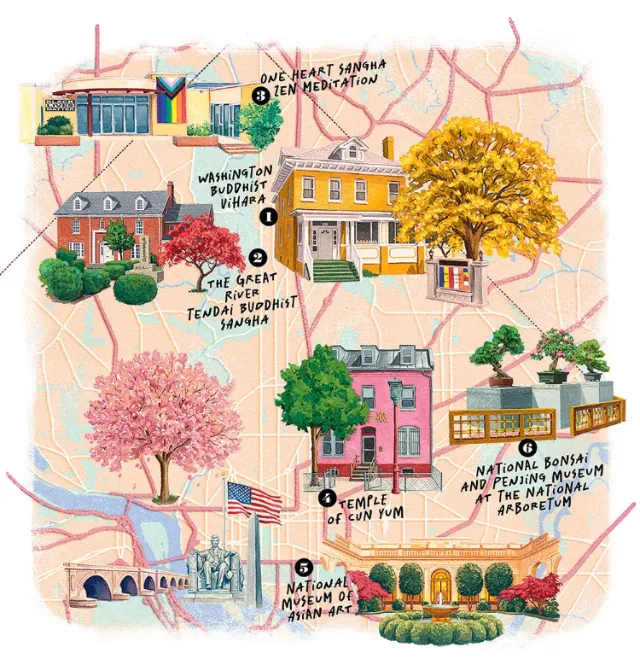 Wilmington map illustration by Debora Islas with homes, trees, and landmarks.