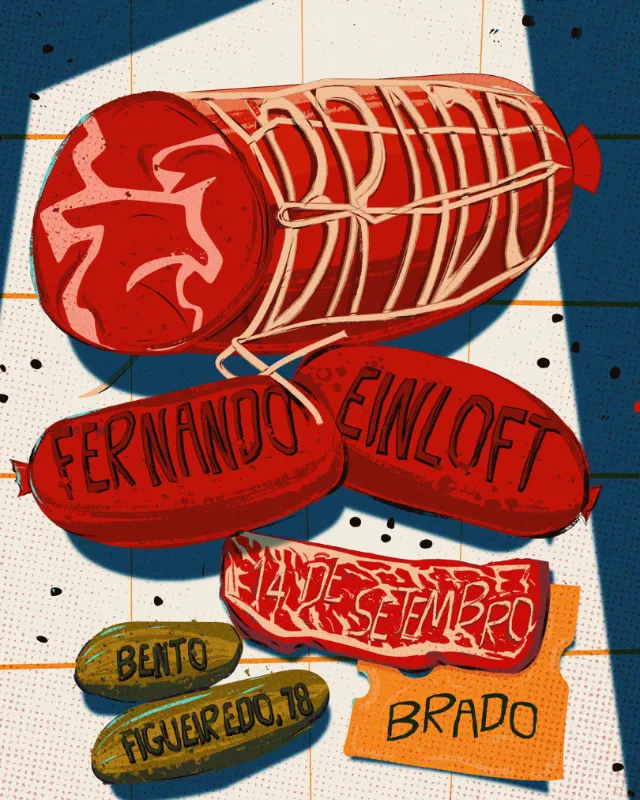 Mau Cardoso poster featuring illustrated sausages and Brado restaurant lettering