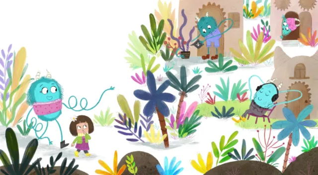 Dalia Awad illustration of colorful creatures exploring a lush whimsical garden