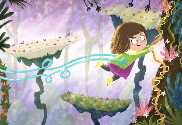 Dalia Awad illustration of a girl swinging through a colorful enchanted forest