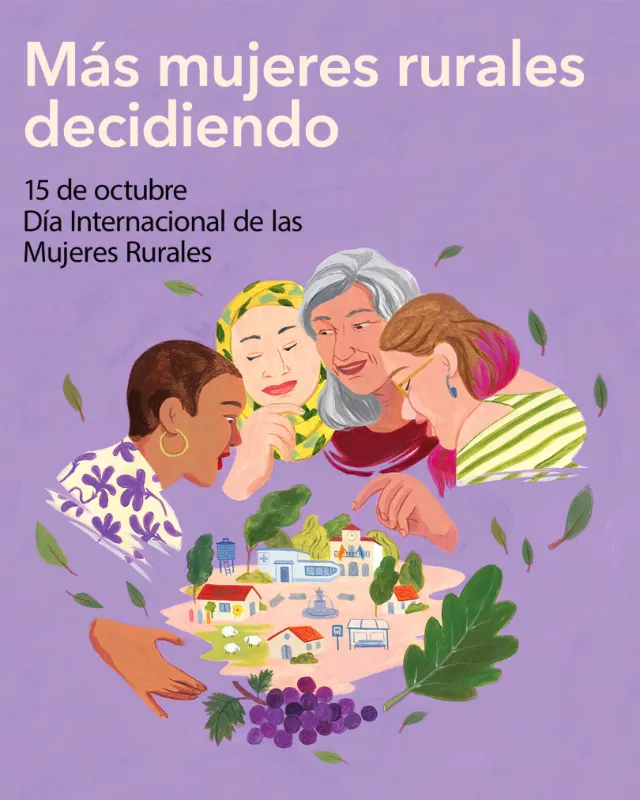 Illustration by Iratxe López de Munáin of rural women around a village