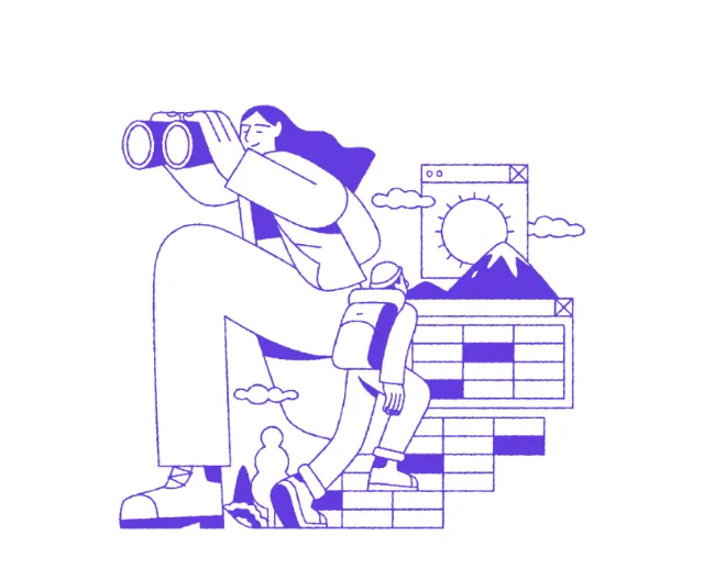Joseph Carrington illustration of a person seated with binoculars beside abstract geometric shapes