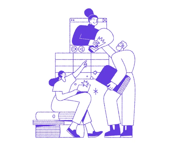 Joseph Carrington illustration of three people reading among stacked books