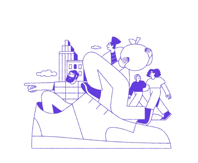 Joseph Carrington illustration of people relaxing beside a stylized city skyline