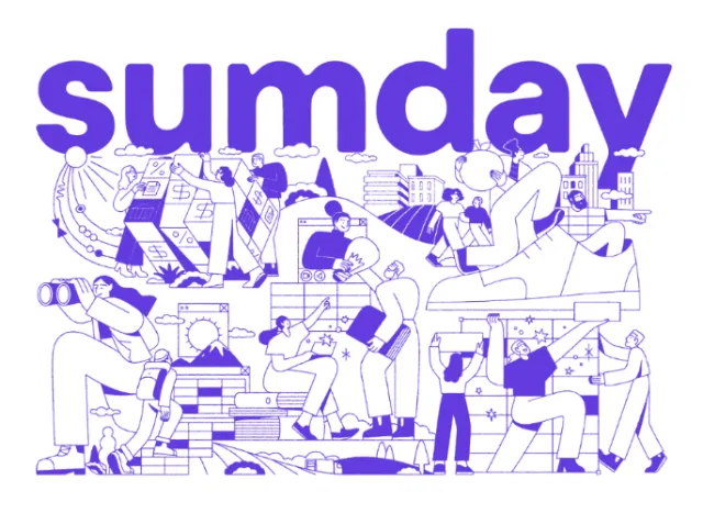 Joseph Carrington illustration of diverse people relaxing and socializing beneath Sunday lettering