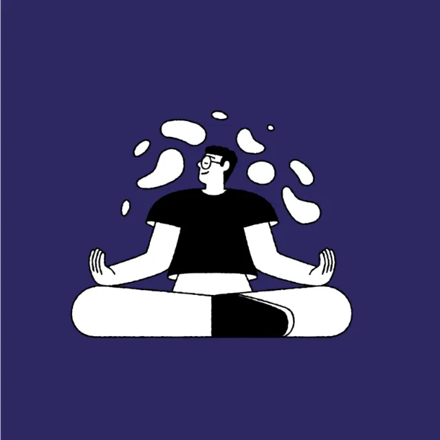 Joseph Carrington illustration of a meditating figure with floating white shapes