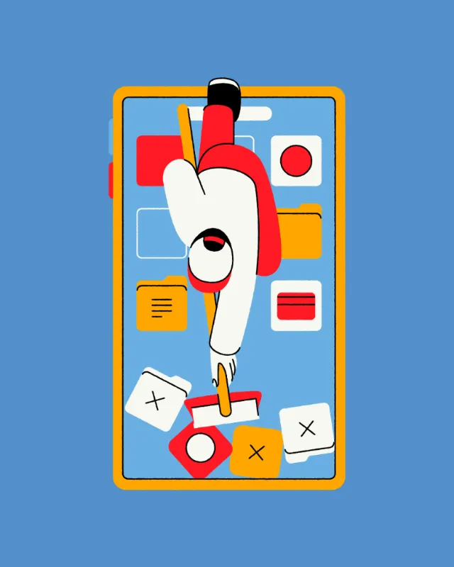Illustration by Joseph Carrington of a colorful smartphone interface with icons and floating cards.
