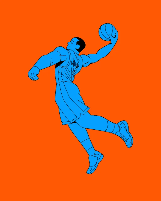 Joseph Carrington illustration of a blue basketball player leaping with a ball