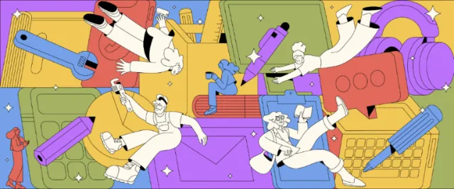Colorful abstract figures and geometric objects in an illustration by Joseph Carrington