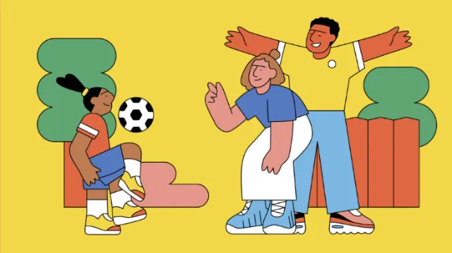 Joseph Carrington illustration of diverse children playing soccer outdoors with a soccer ball.