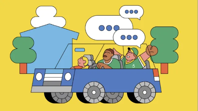Cartoon family riding in a blue vehicle, illustrated by Joseph Carrington