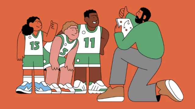 Illustration by Joseph Carrington showing basketball players and their coach