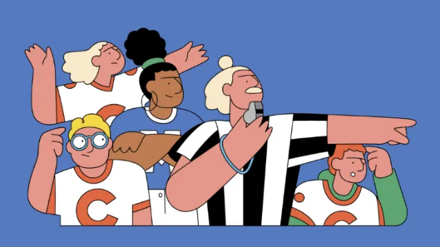 Colorful cartoon group illustration by Joseph Carrington showing diverse friends posing together.