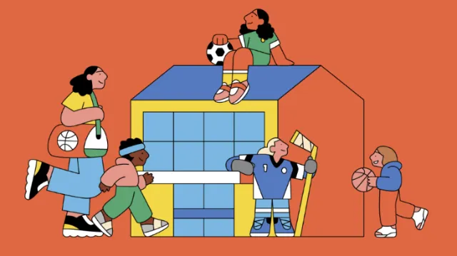 Joseph Carrington illustration of children playing basketball around a colorful neighborhood court