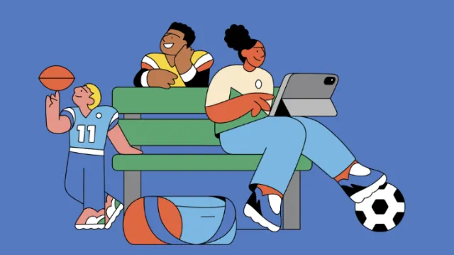 Joseph Carrington illustration of children playing soccer and basketball near bleachers