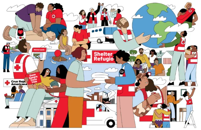 Joseph Carrington illustration of communities receiving humanitarian aid and refugee support