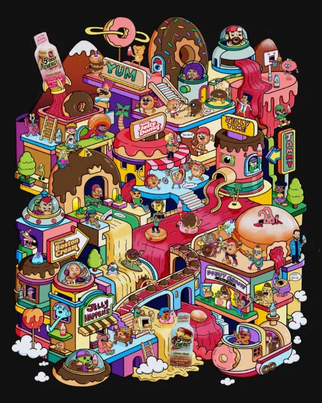 Daniel Sulzberg illustration of a colorful whimsical candy city filled with shops, snacks, and chara