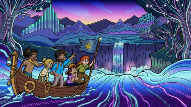 Daniel Sulzberg illustration of travelers sailing toward a mountain waterfall