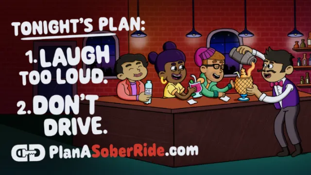 Daniel Sulzberg cartoon of friends laughing at a bar with a sober ride message.