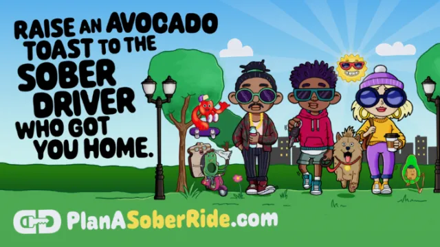 Daniel Sulzberg illustration promoting sober driving with diverse friends and an avocado toast messa