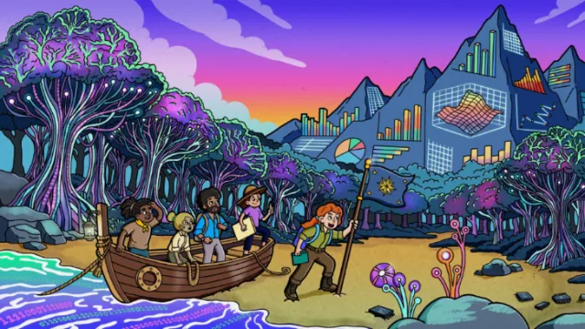 Daniel Sulzberg illustration of travelers exploring a colorful river beside mountains