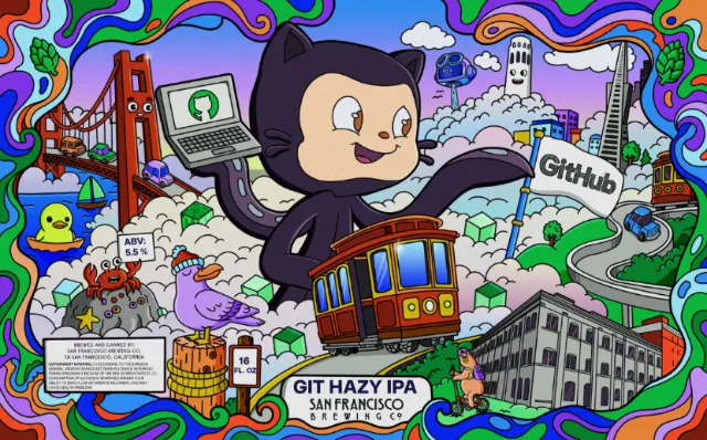 Daniel Sulzberg illustration of a GitHub monkey above a San Francisco cable car and colorful landmar