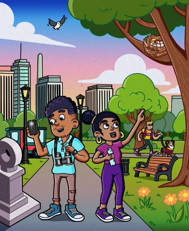 Daniel Sulzberg illustration of two children exploring a city park with an owl and skyscrapers