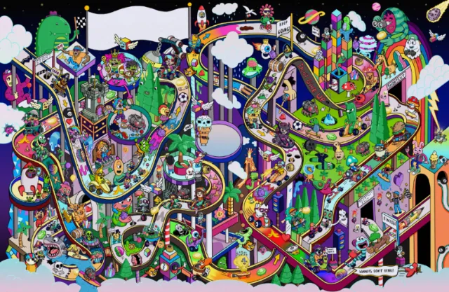 Daniel Sulzberg illustration of a colorful surreal city filled with winding paths and whimsical deta