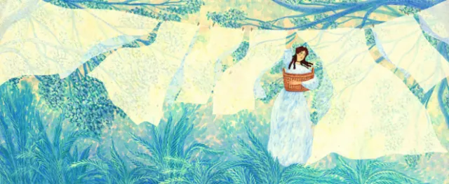 Rosanna Tasker illustration of a woman in a white dress amid blue-green foliage