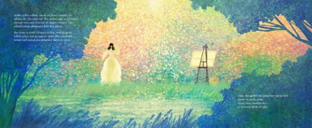 Rosanna Tasker illustration of a woman in white beside an easel in a garden