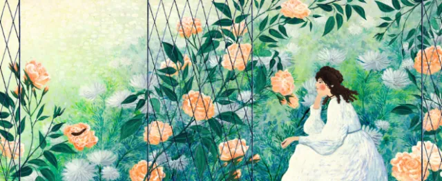 Rosanna Tasker illustration of a woman in white walking through a flowering garden