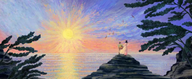 Sunset seascape with two figures on rocks, painted by Rosanna Tasker.