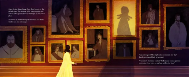 Rosanna Tasker illustration of a woman viewing framed portraits