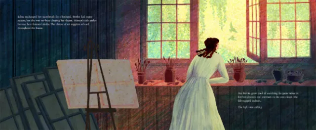 Rosanna Tasker illustration of a woman in green beside an easel and windows